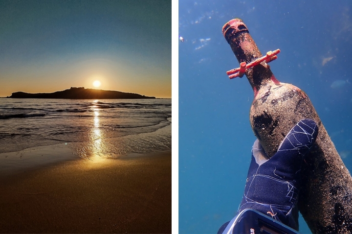 Ilha do Pessegueiro e uma das garrafas da Adega do Mar (Fotos: Clara Silva e Adega do Mar) Ilha do Pessegueiro e uma das garrafas da Adega do Mar (Fotos: Clara Silva e Adega do Mar)