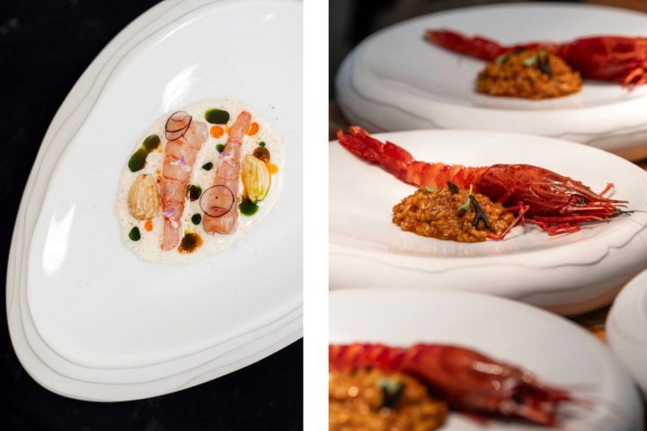 Gamba violeta com ajo blanco, amêndoas, uva e o arroz de carabineiro são dois destaques do menu 