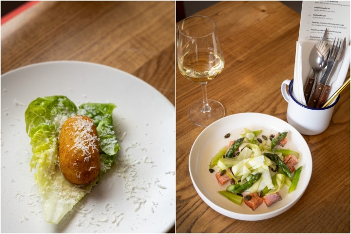 Croqueta de pollo, versión de una ensalada César;  y ensalada de espárrago, salmón y almendra tierna aliñada con un jugo de almendra.