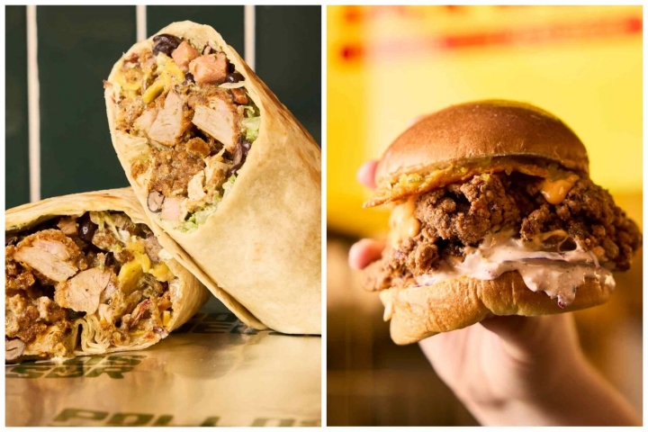 Tacos y hamburguesa de pollo.