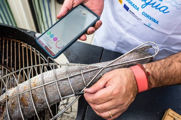 Introduciendo la sonda del meater en un pescado para medir su temperatura