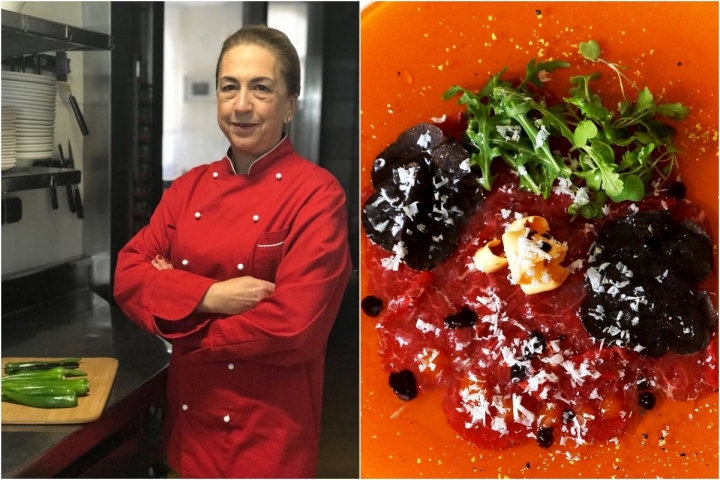 Esther Álvarez y uno de sus platos, el carpaccio de solomillo. Fotos: Restaurante Alameda.