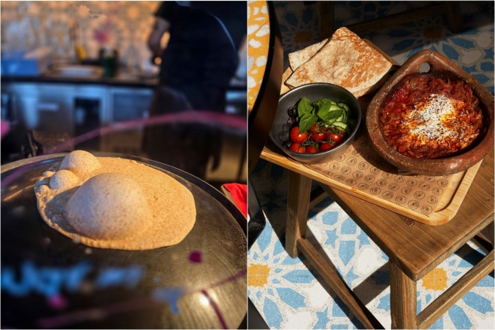 Plancha saj y cuenco de barro fekhar del restaurante Makan de Madrid.