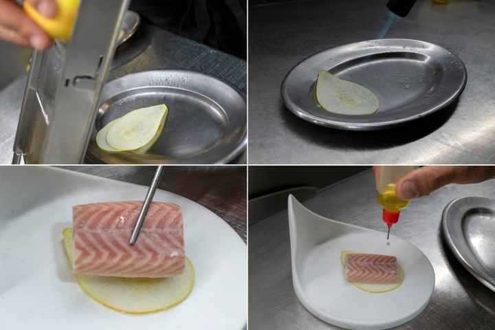 Anguila ahumada y pera.