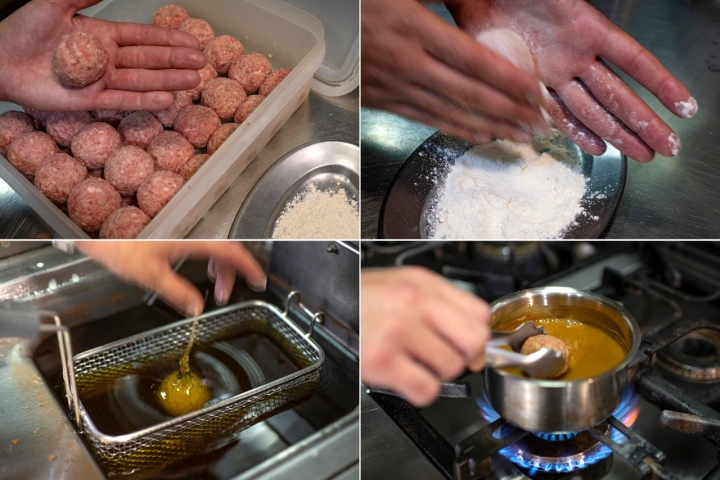 Albóndiga de tres carnes con salsa de cocido.