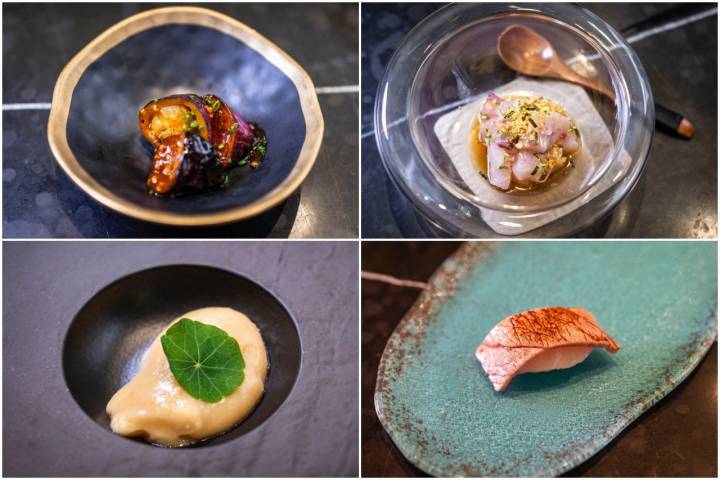 Berenjena con Yakiniku de manzana y huevas de trucha, tartar de corvina con 'champozu, la 'kokotxa' de bacalao con pilpil de 'miso' blanco; y 'nigiri' de ventresca de atún rojo.