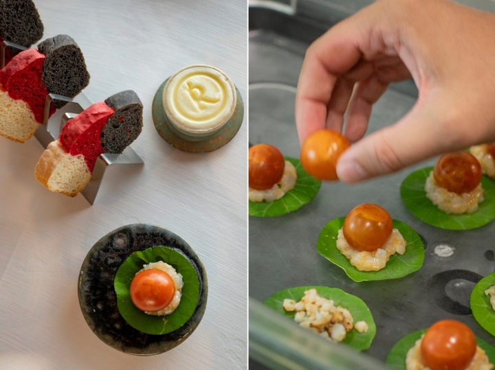 Mantequilla con pan de tres sabores y 'txipirón', tomate y patata