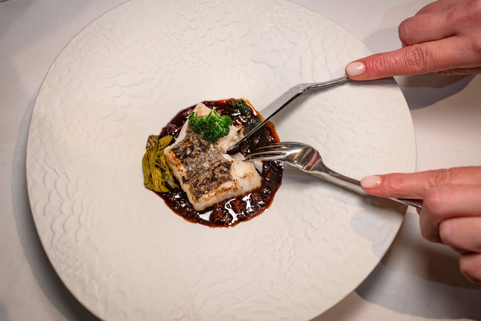 Merluza, guiso de ternera y acelga.