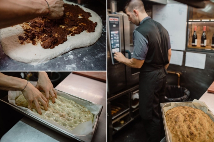 Luis prepara la focaccia, con tomate y calamante (un tipo de aceituna), que se servirá con crema de queso San Simón y lomo de sardina marinado.