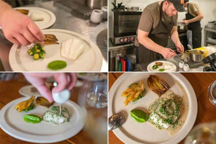 Pasos de preparación del plato de coruxo del restaurante Bolboreta de Madrid.