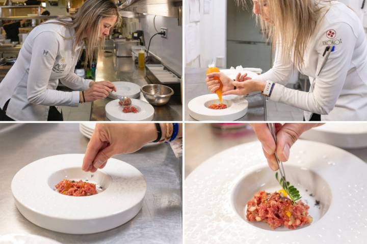 Steak tartar de cadera de vaca con yema de huevo y tomate de temporada.