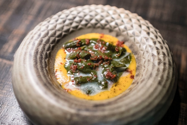 Menestra con crema de calabaza, mango y zanahoria del restaurante Farigola&Menta (Valencia):