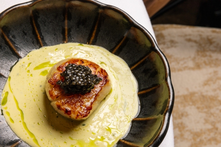 Vieira con emulsión de clorofila y pepino encurtido.