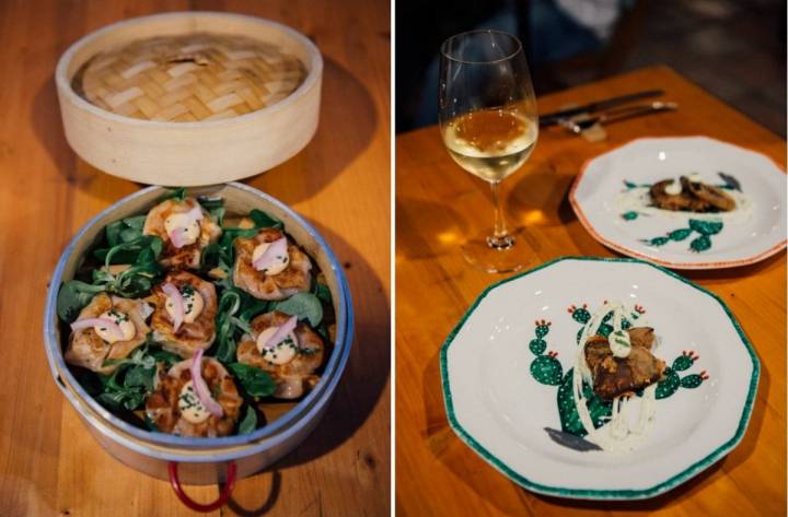 Dos bocados asiáticos: los 'dumplings' con gambas al ajillo y la berenjena chinas fritas en harina de arroz.