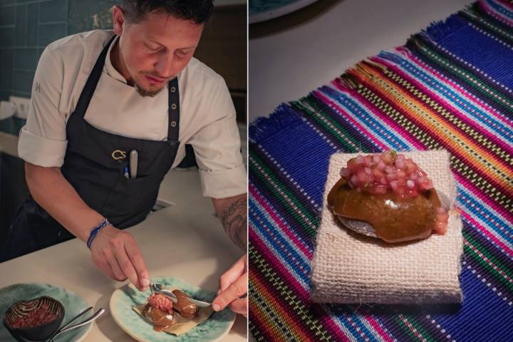 Empanada de masa de maíz azul relleno de Cap i pota.