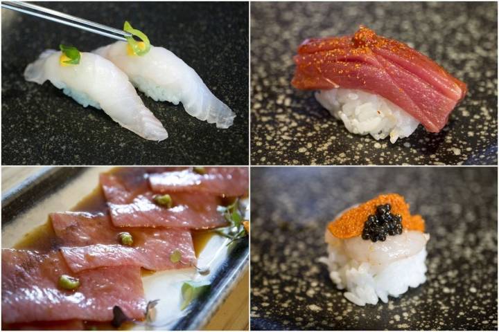 Nigiri de lubina y sisho; nigiri de akame picante; tiradito de ventresca de atún, wasabi fresco y ponzu casero; y nigiri quisquilla, erizo y caviar.