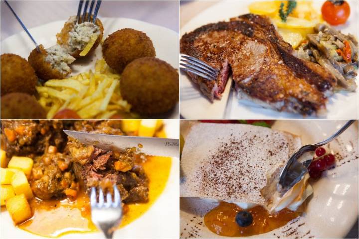 Croquetas cremosas, entrecot y rabo de ternera con IGP sierra de Guadarrama. El postre de milhojas con Idiazábal.