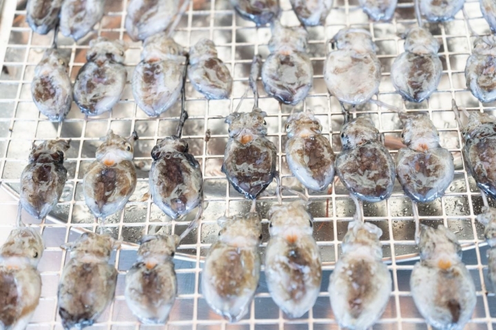 Pequeños chocos de Trocadero hechos a la brasa, conocidos también en Cádiz como "almendritas".