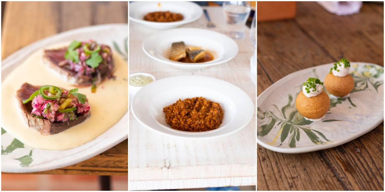 Tres de los platos que prepara David López en 'Ajo y Agua': bacoreta de almadraba, vichyssoise y pico de gallo, caldero del Mar Menor, y buñuelos de atascaburras manchego y mahonesa de nueces de Nerpio. Foto: Ajo y Agua