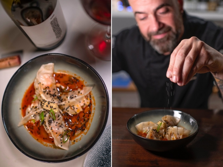 Gyozas de carabinero, sobrasada y chucrut