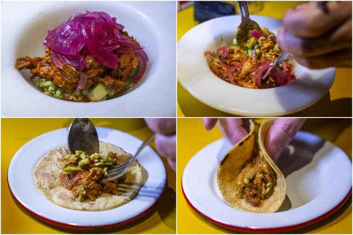 Elaboración de taco de aguacate y cochinita, típico en 'Arallo'.