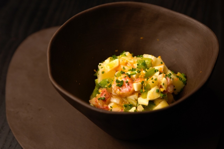 Bogavante, cebolleta fresca, pimiento verde, huevo cocido y patata. Bogavante, cebolleta fresca, pimiento verde, huevo cocido y patata.