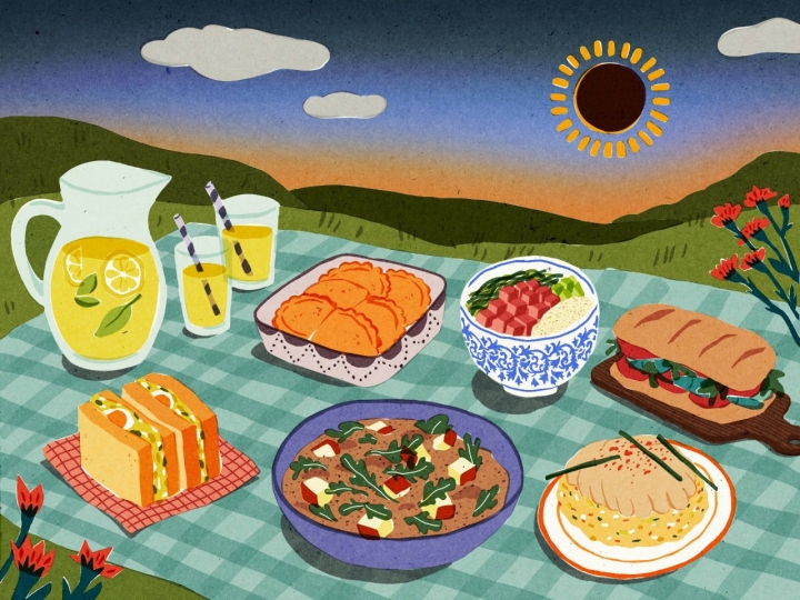 Ilustración con varios platos de comida para un picnic.