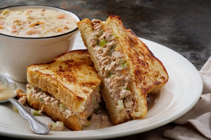 Tuna Melt Grilled Cheese Sandwich with Clam Chowder