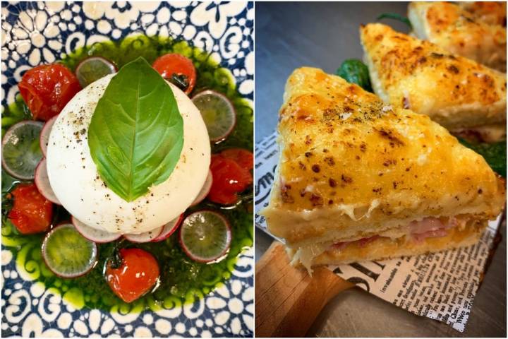 Burrata, tomate, albahaca y bikini de sobrasada y queso emmental en 'Bistrot Bilou'. Foto: 'Bistrot Bilou'.