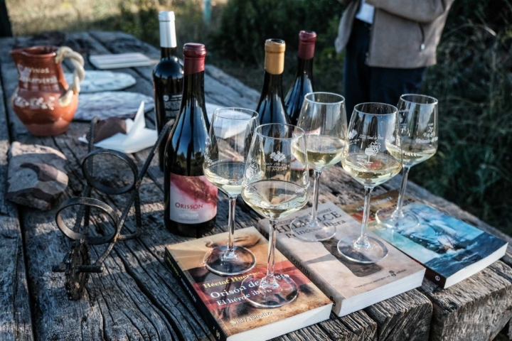 Botellas y copas de vinos de La Encomienda junto a los libros que cuentan la historia de sus nombres.
