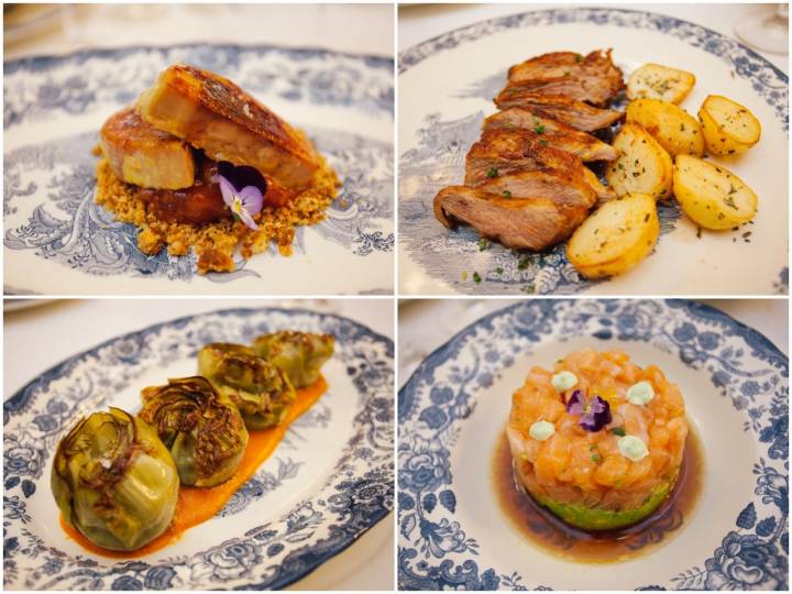 Algunos de los platos de la carta: Terrina de 'foie gras' con compota de guayaba, secreto ibérico en adobo, alcachofas con salsa 'romescu' y tartar de salmón con guacamole.