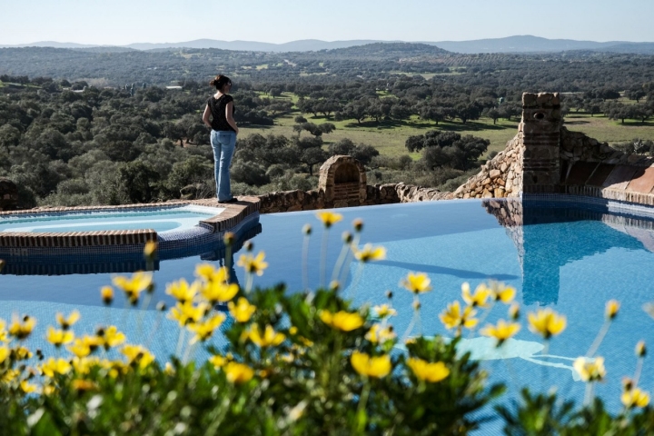 Vista de una parte de la piscina con una mujer al borde y la dehesa al fondo.