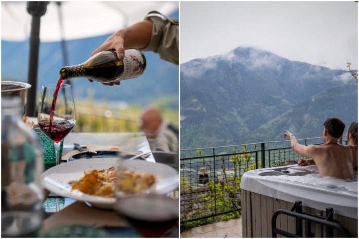 Vino y jacuzzi con vistas al Pirieno
