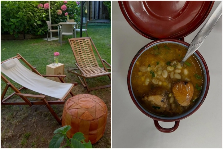 Hamacas en un patio y un puchero del restaurante