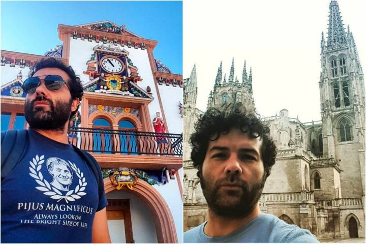 A la izquierda, en Palos de la Frontera. A la derecha, "camino de Santander, Burgos, espectacular como siempre...", dice el actor. Foto: Instagram.