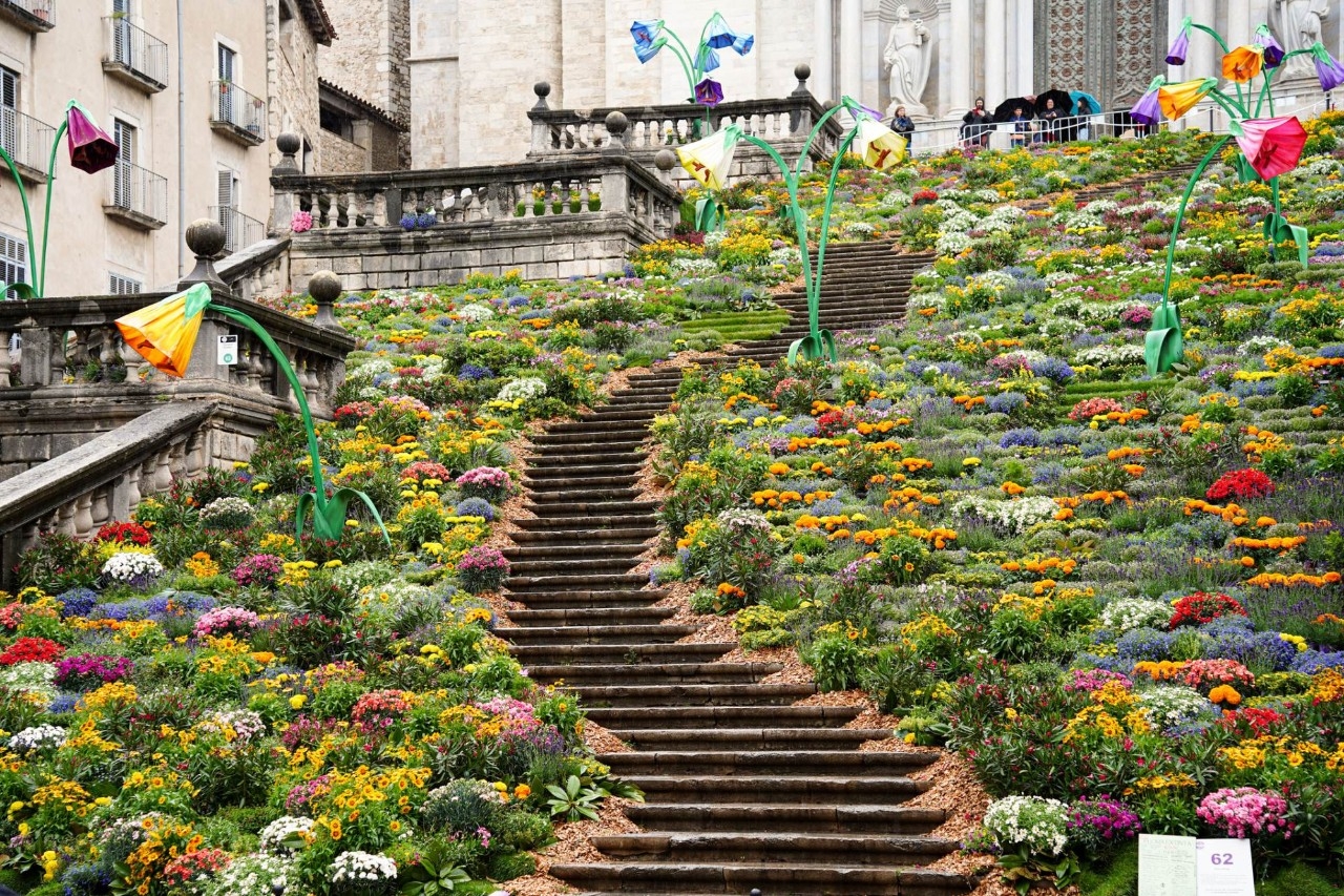 Las escaleras de la ciudad lucen así de floreadas durante la fiesta.