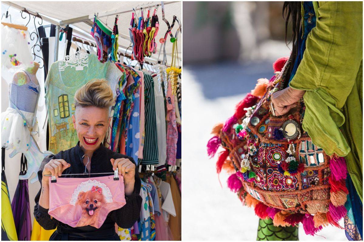 Una chica de un puesto del mercadillo de Las Dalias muestra unas bragas con un diseño de perro, y un bolso hippie.