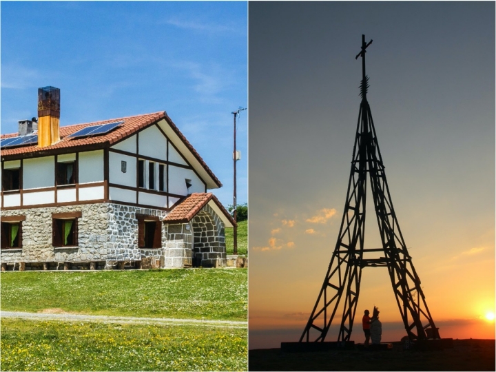 Refugio de montaña y cruz que corona Gorbeia (Euskadi)