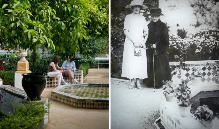 Dos meses antes de su muerte, Eugenia, con 94 años, paseaba con la Reina Victoria Eugenia por Las Dueñas. Hoy y ayer.