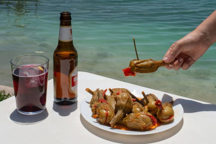 Aperitivo de berenjenas de Almagro y cerveza en lagunas de Ruidera.