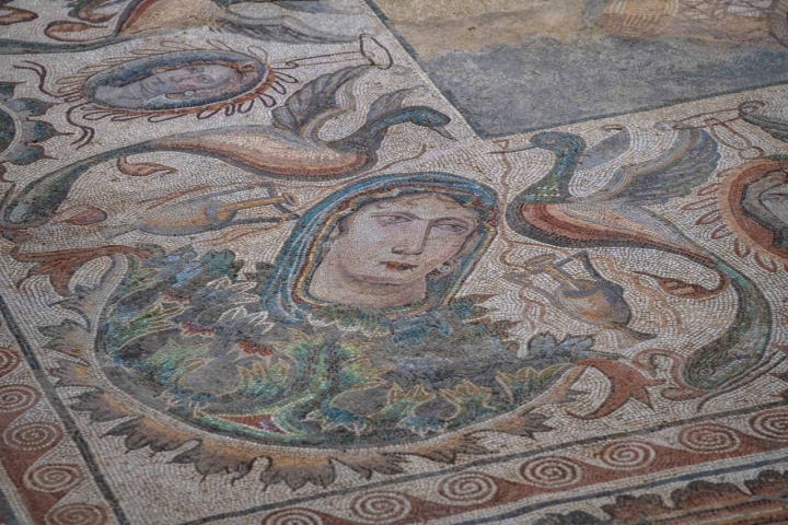 Detalle de uno de los importantes retratos que rodean el mosaico central en el 'oecus'. Detalle de uno de los importantes retratos que rodean el mosaico central en el 'oecus'.